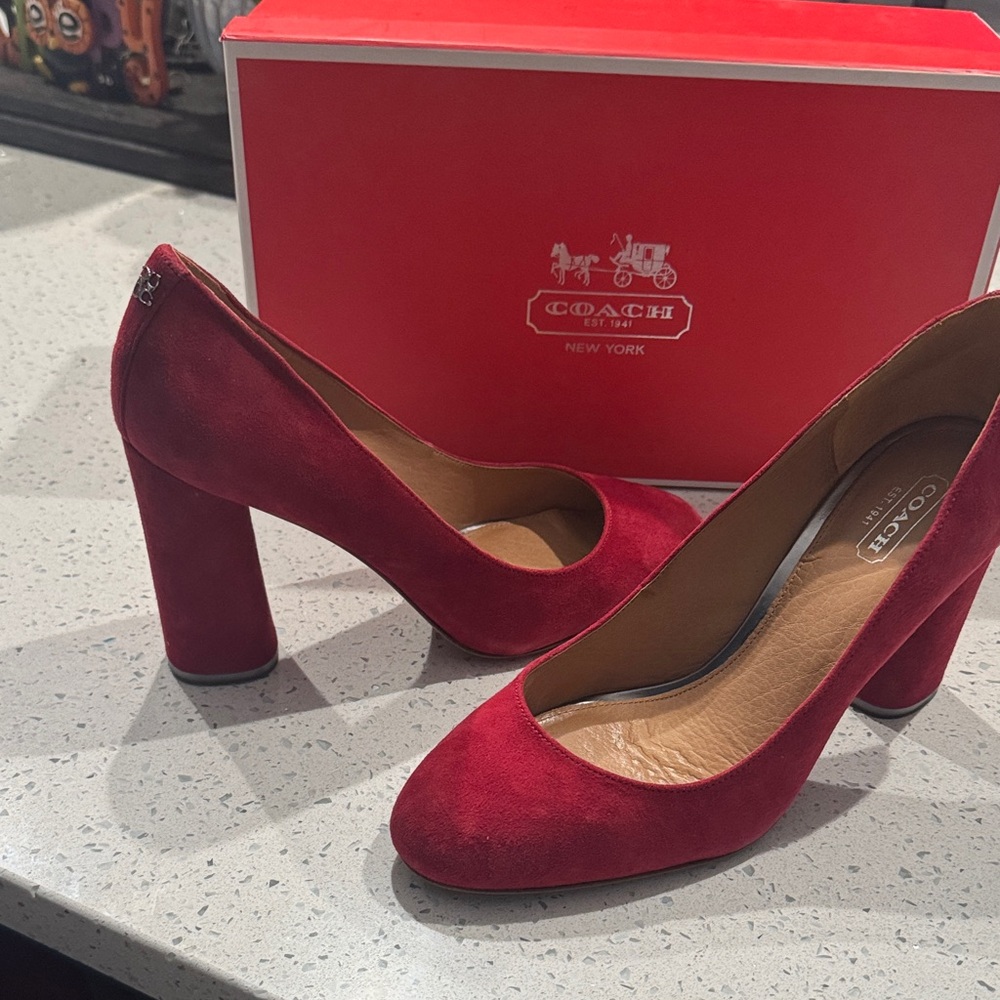 COACH Women's Red Suede Block Heel Pumps